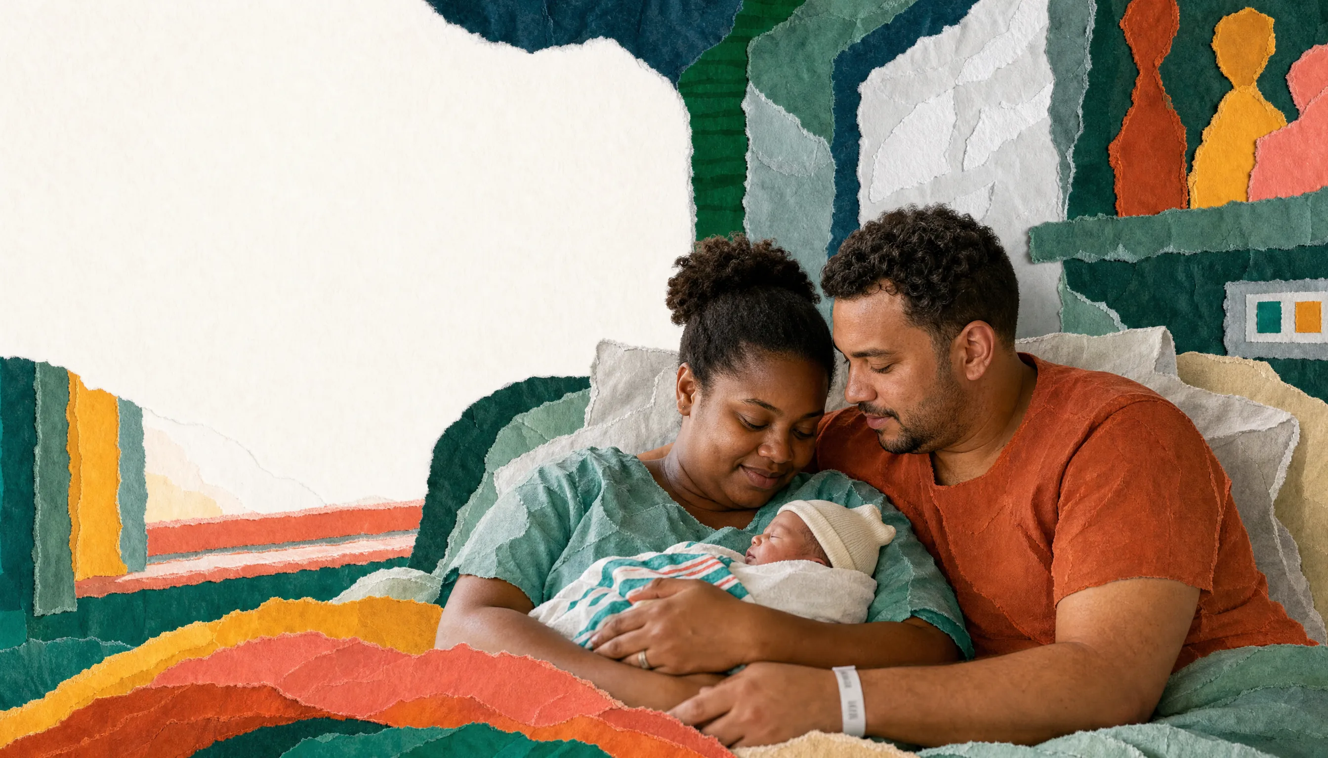 Torn-paper collage of two parents on a hospital bed, heads together, holding a swaddled newborn in a knitted hat.
