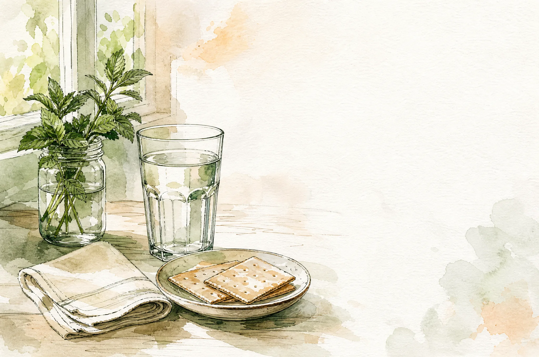 Ink-wash still life of a glass of water and a few plain crackers on a small plate at the edge of a kitchen table, barely touched.