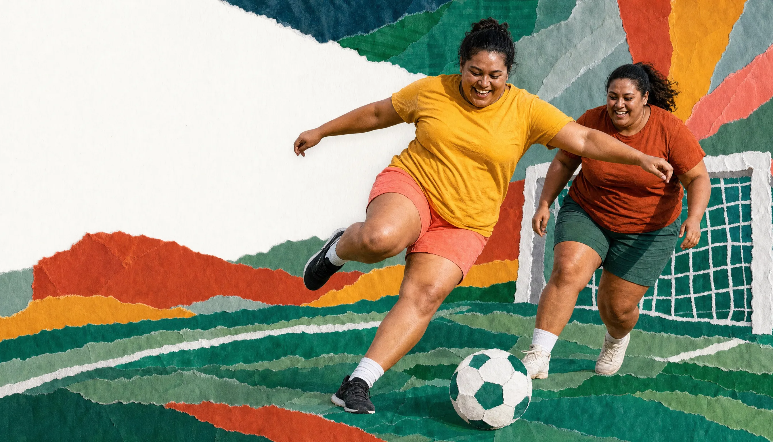 Torn-paper collage of two women in larger bodies playing soccer on a green field, one striking the ball, a goal net behind them.