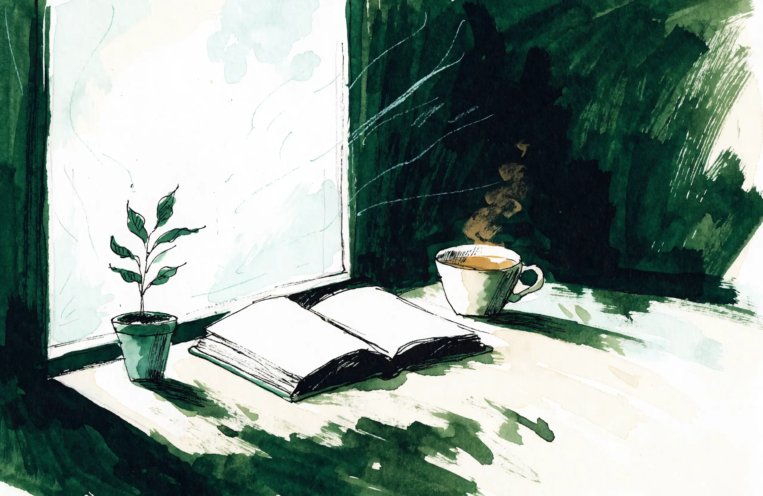Ink-and-wash illustration of a window at dawn