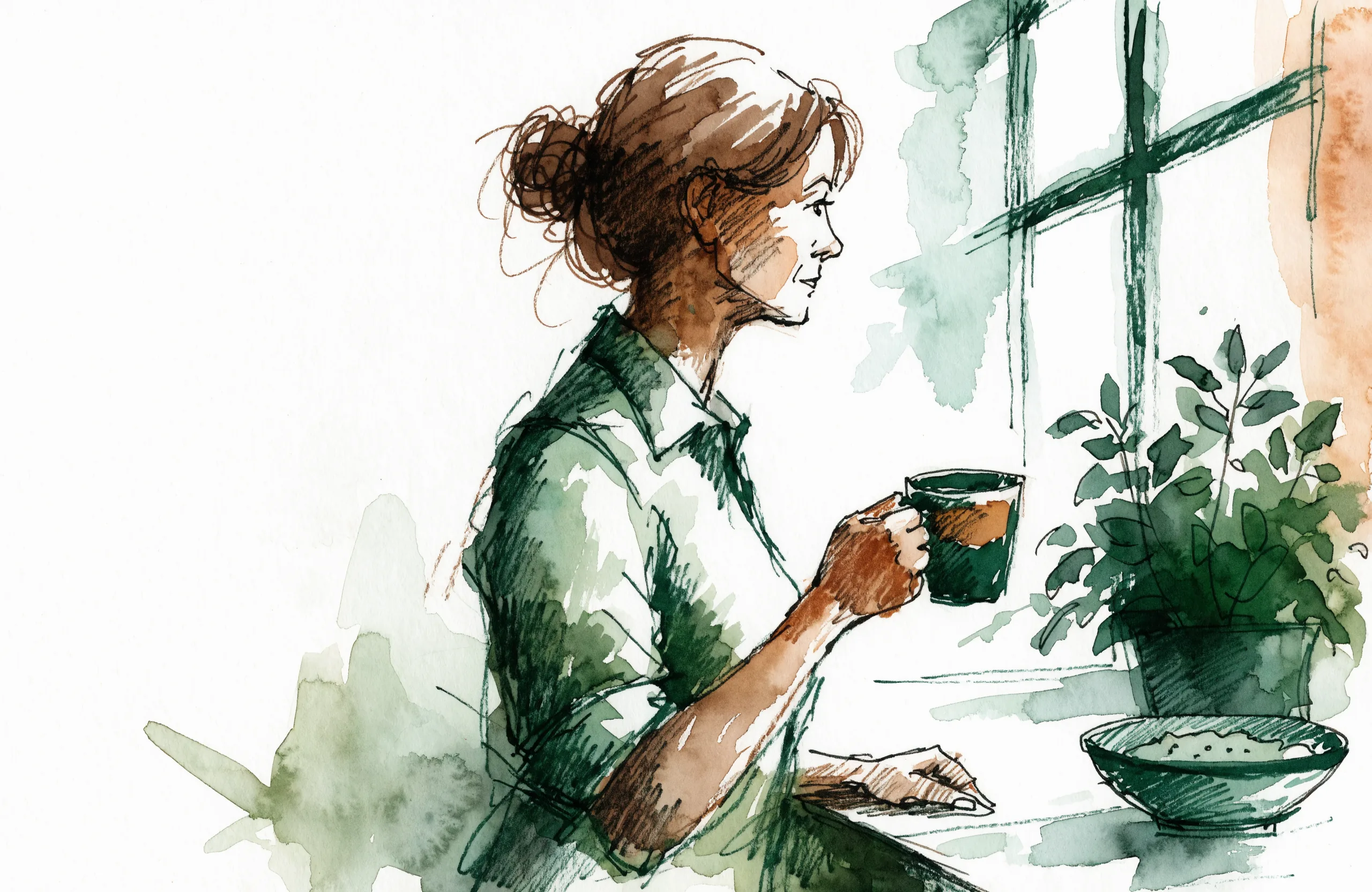 An ink and watercolor sketch of a woman sitting at a kitchen counter beside a window, holding a mug, with a potted plant and a bowl on the sill next to her.