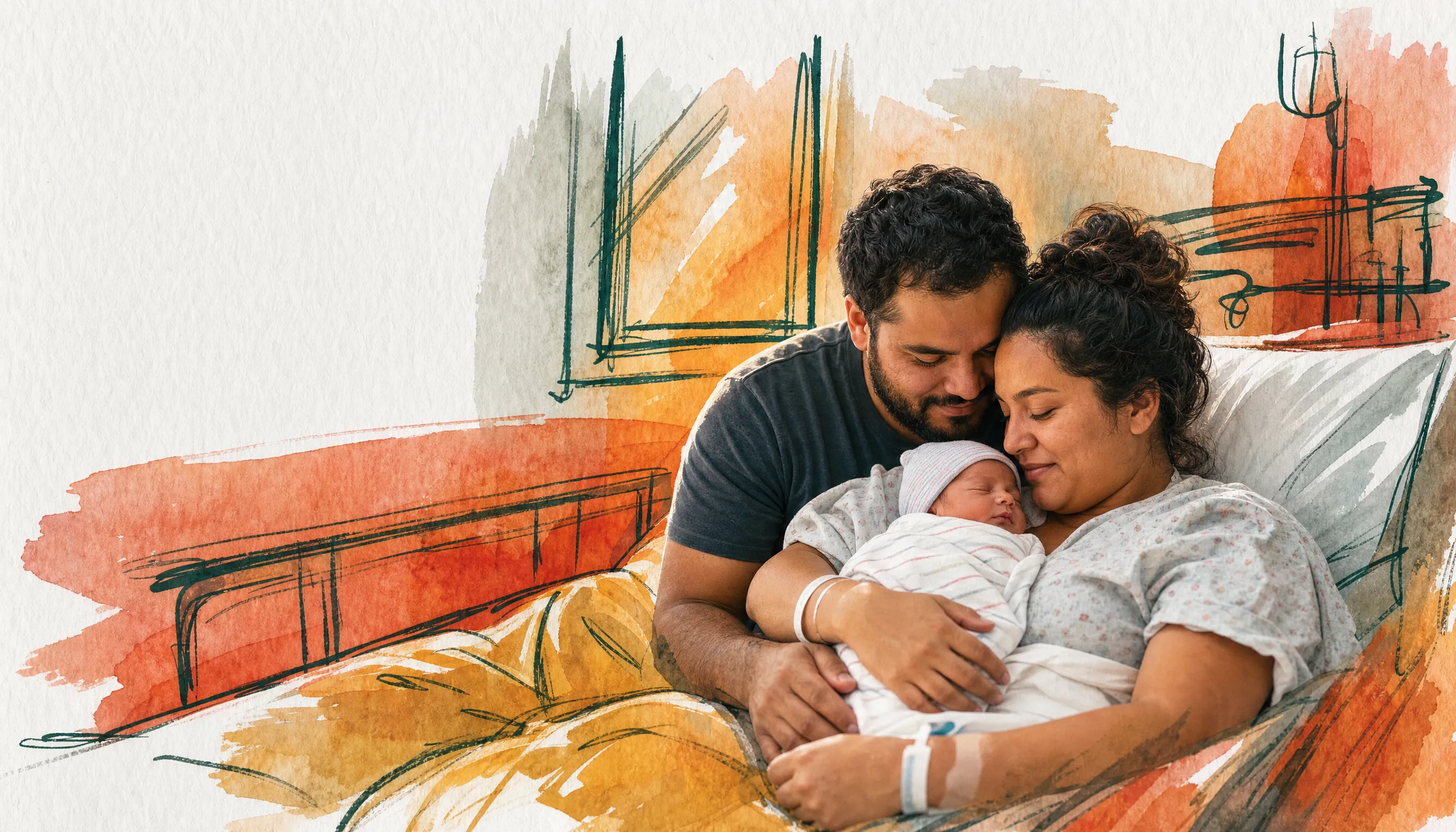 An ink-and-watercolor illustration of a couple on a hospital bed: a woman in a gown holds a swaddled newborn in a knitted cap against her chest, and a man leans his head against hers, both with their eyes closed.