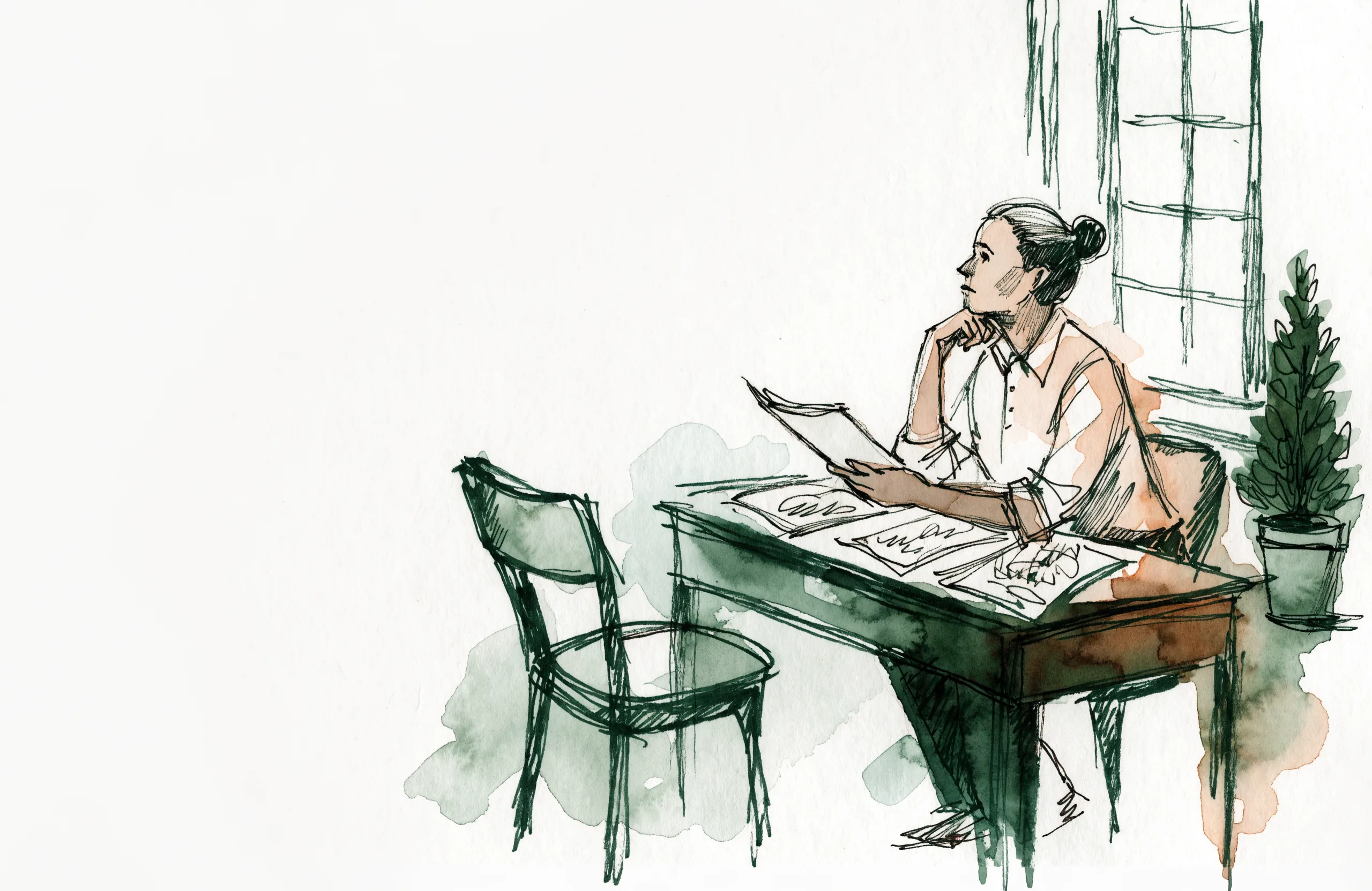 Ink-wash drawing of a plain desk by a window, a small opened shipping carton and a sheet of paper laid out on it, a phone face-up beside them.