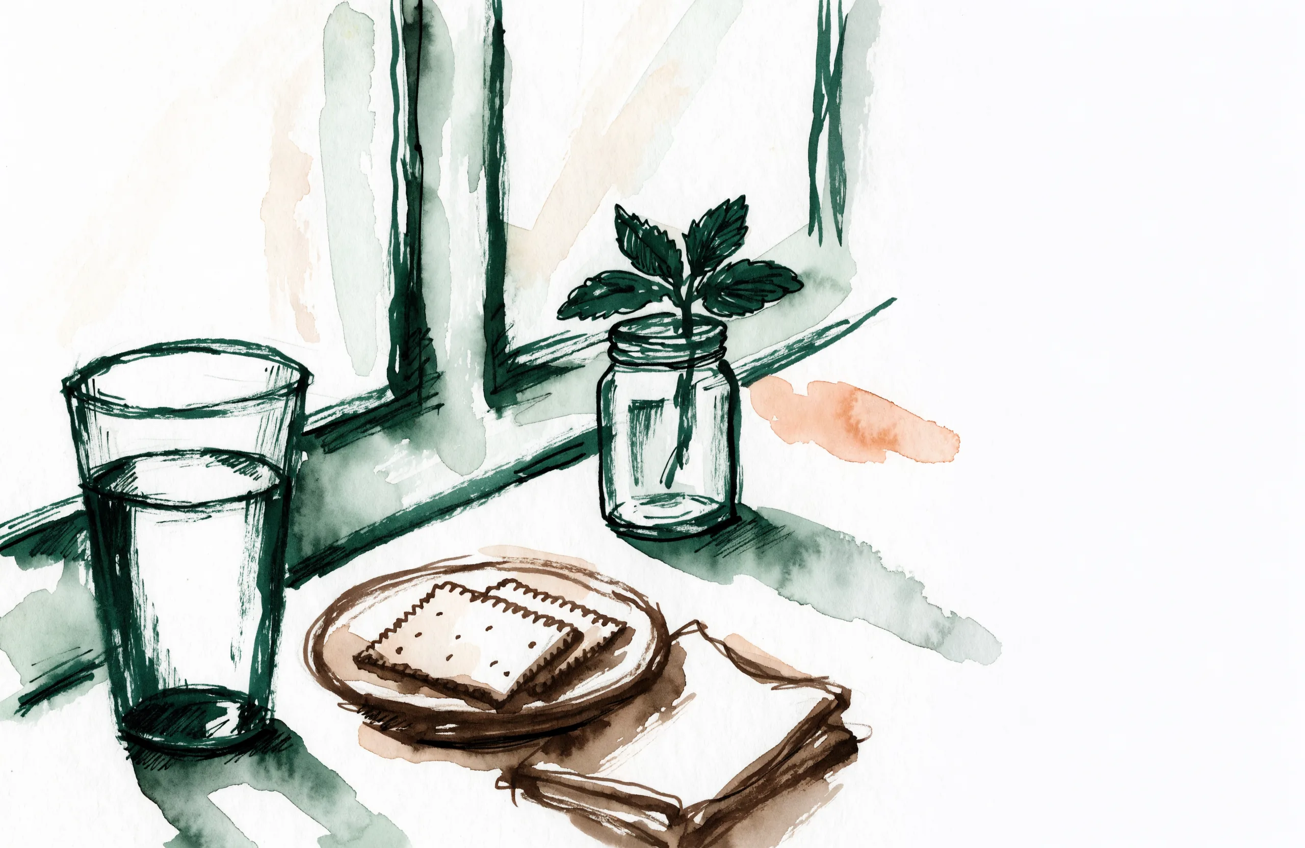 An ink-wash drawing of a tall glass of water with a sprig of mint, standing on a plain kitchen table beside a folded cloth.