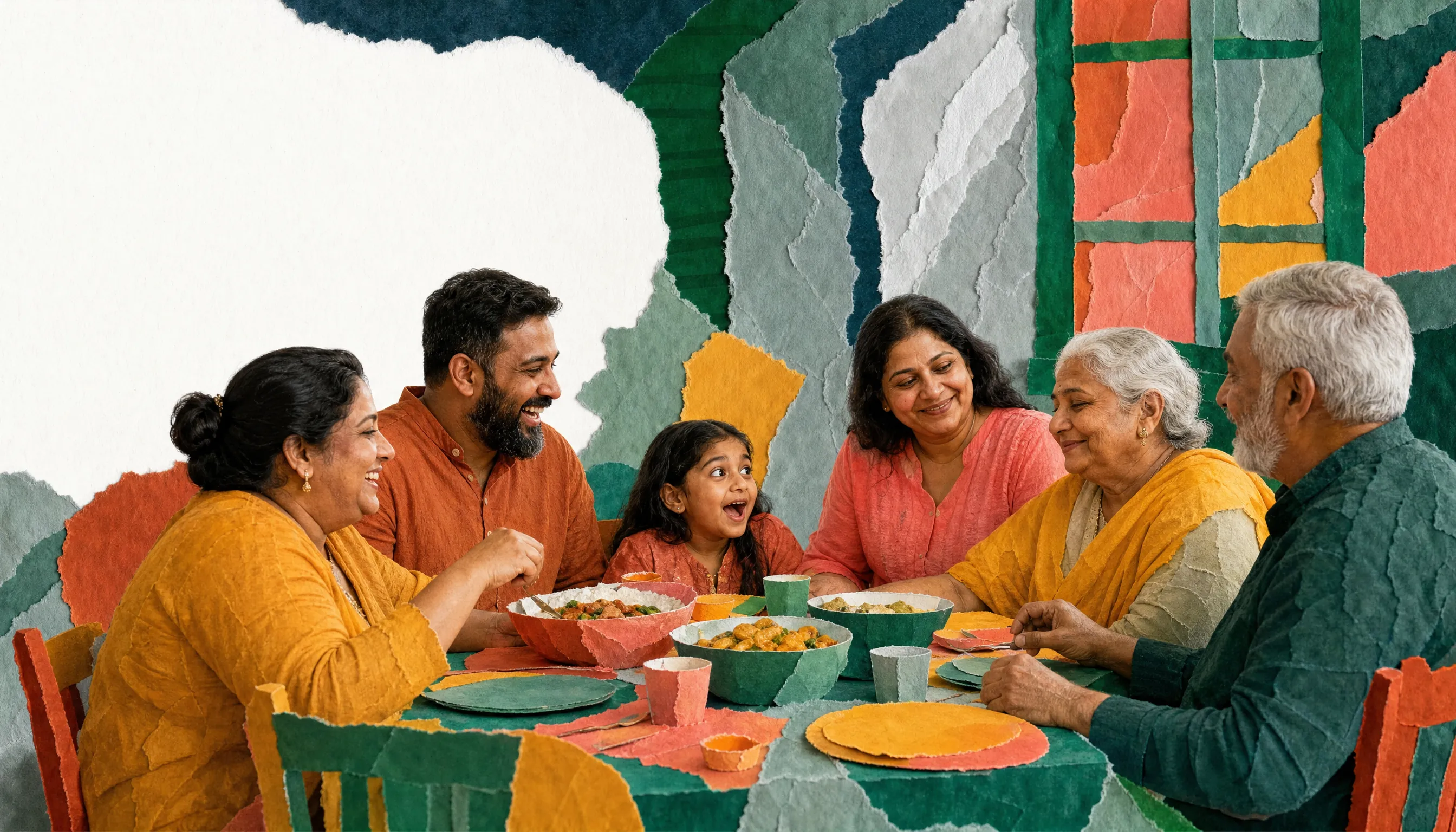 Torn-paper collage illustration of three generations of a family laughing around a dinner table set with shared bowls