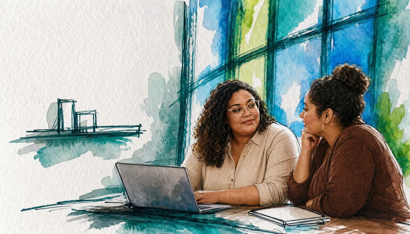 Ink-and-wash illustration of two women at a table by a window, looking together at an open laptop