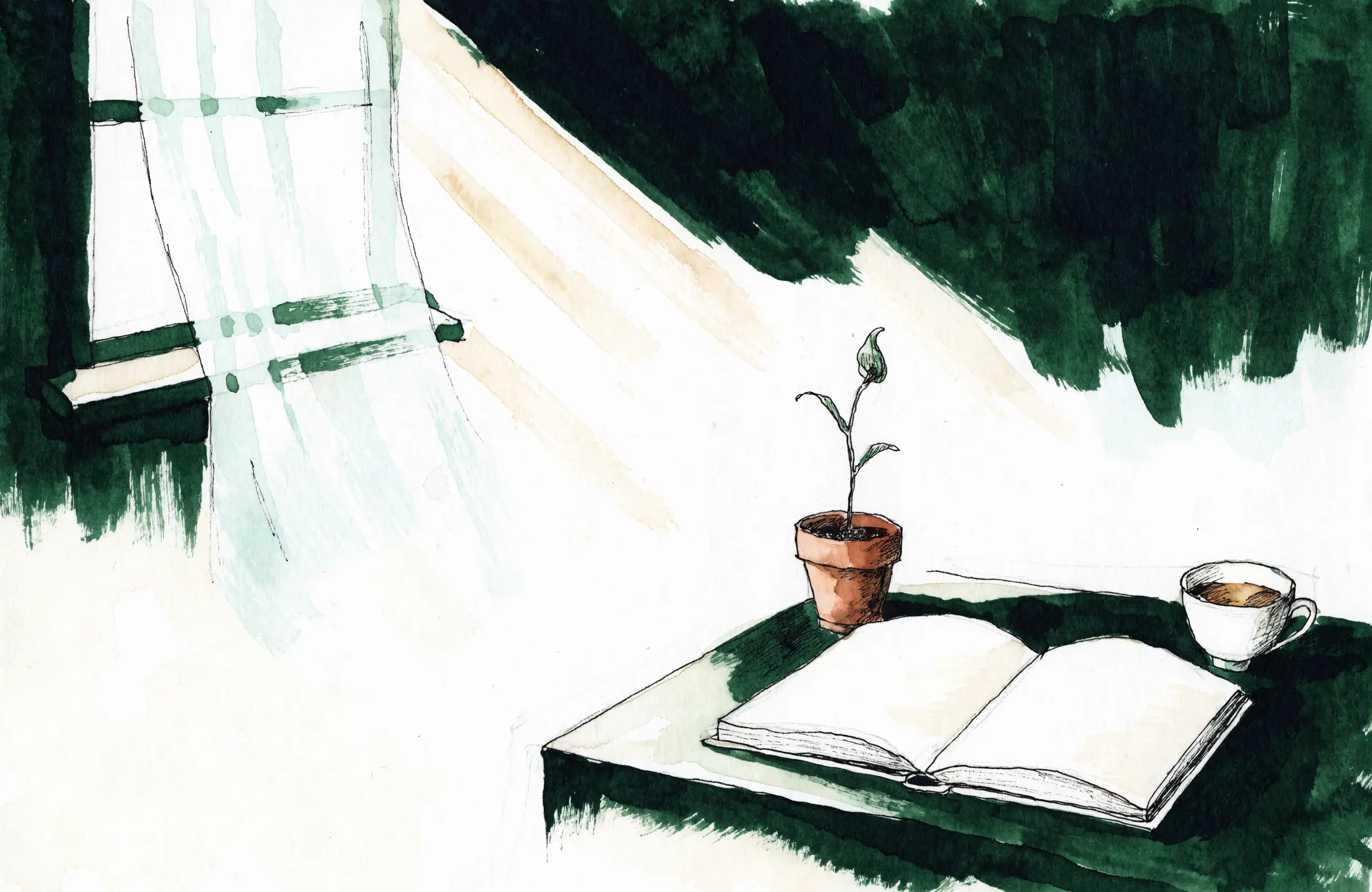 Ink-and-wash study of a desk: an operative report and a lab printout side by side, a pen resting across both.