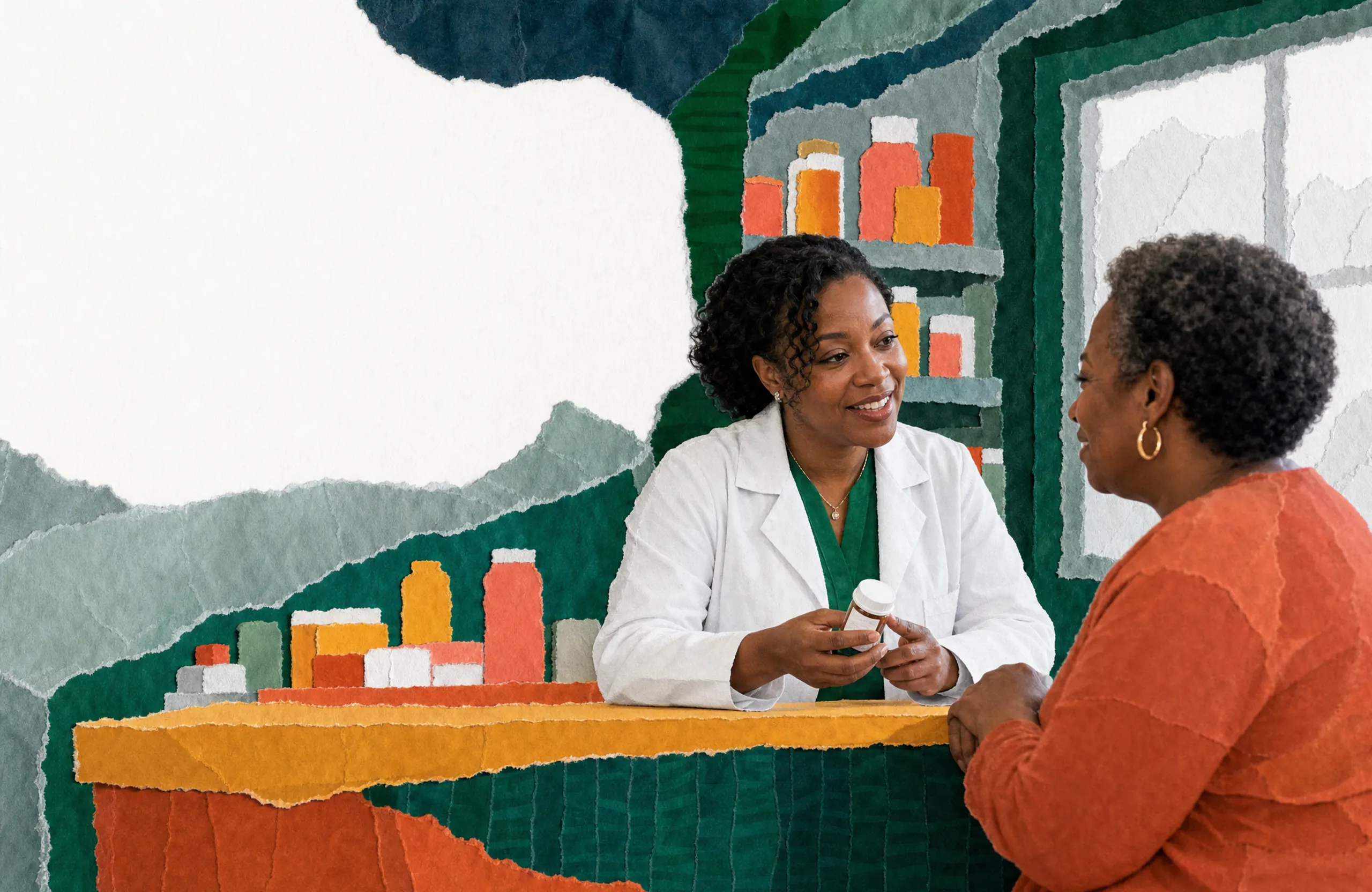 Ink-and-wash illustration of a pharmacy counter