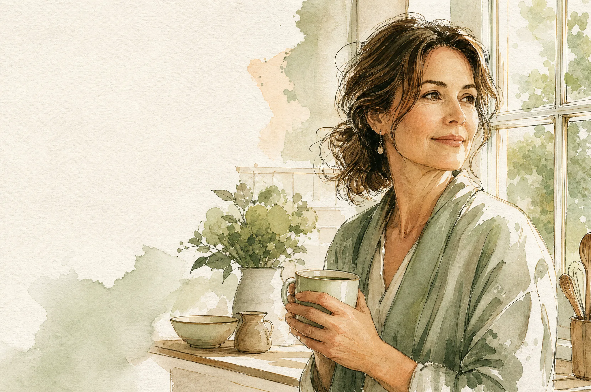 Ink-and-wash interior: a woman sitting by a window with a mug of tea, a wall calendar beside her with several dates circled unevenly across two months.