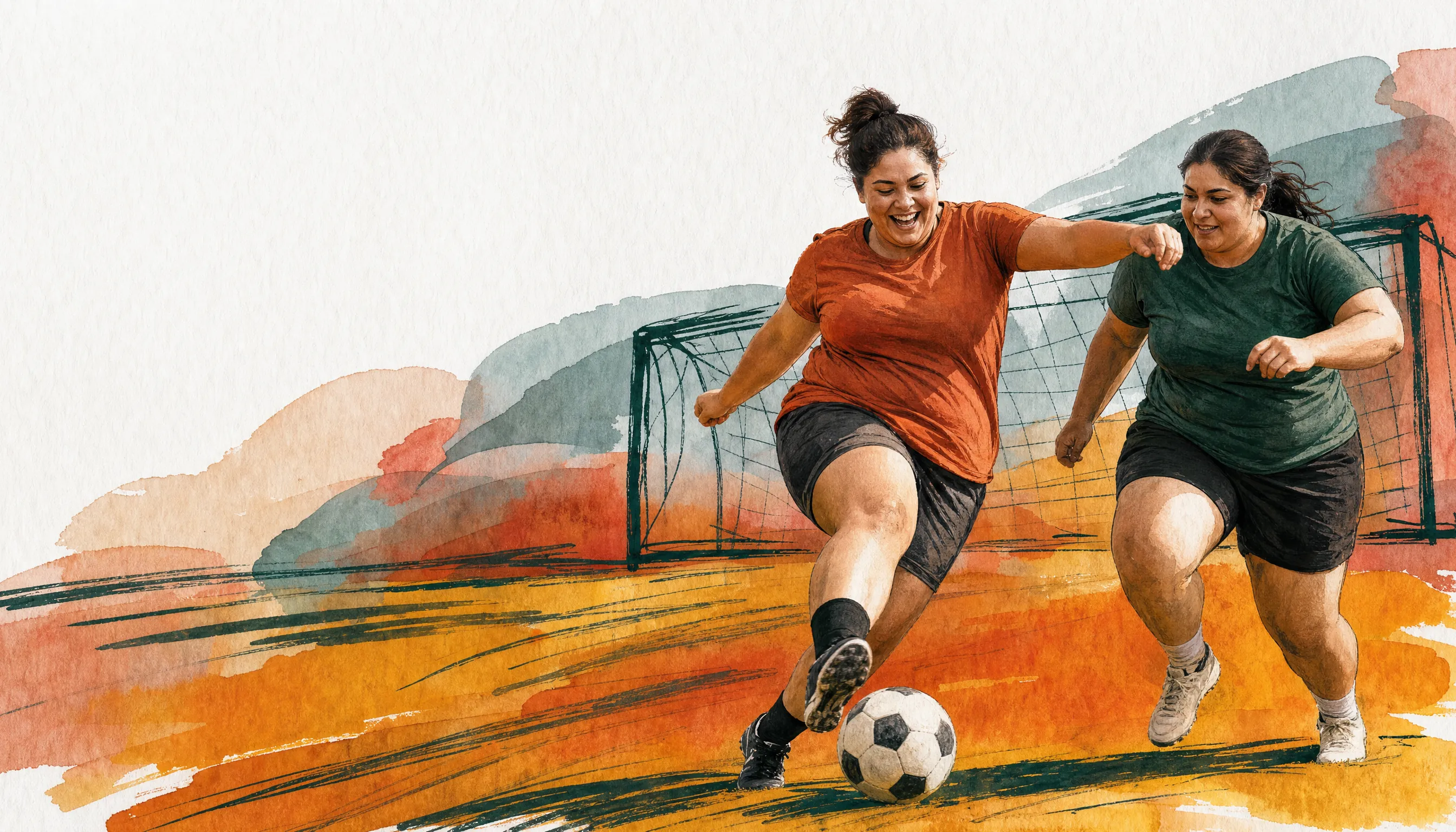Ink-and-wash of the same soccer game in warm orange light, one player reaching the ball ahead of the other, the goal sketched behind.
