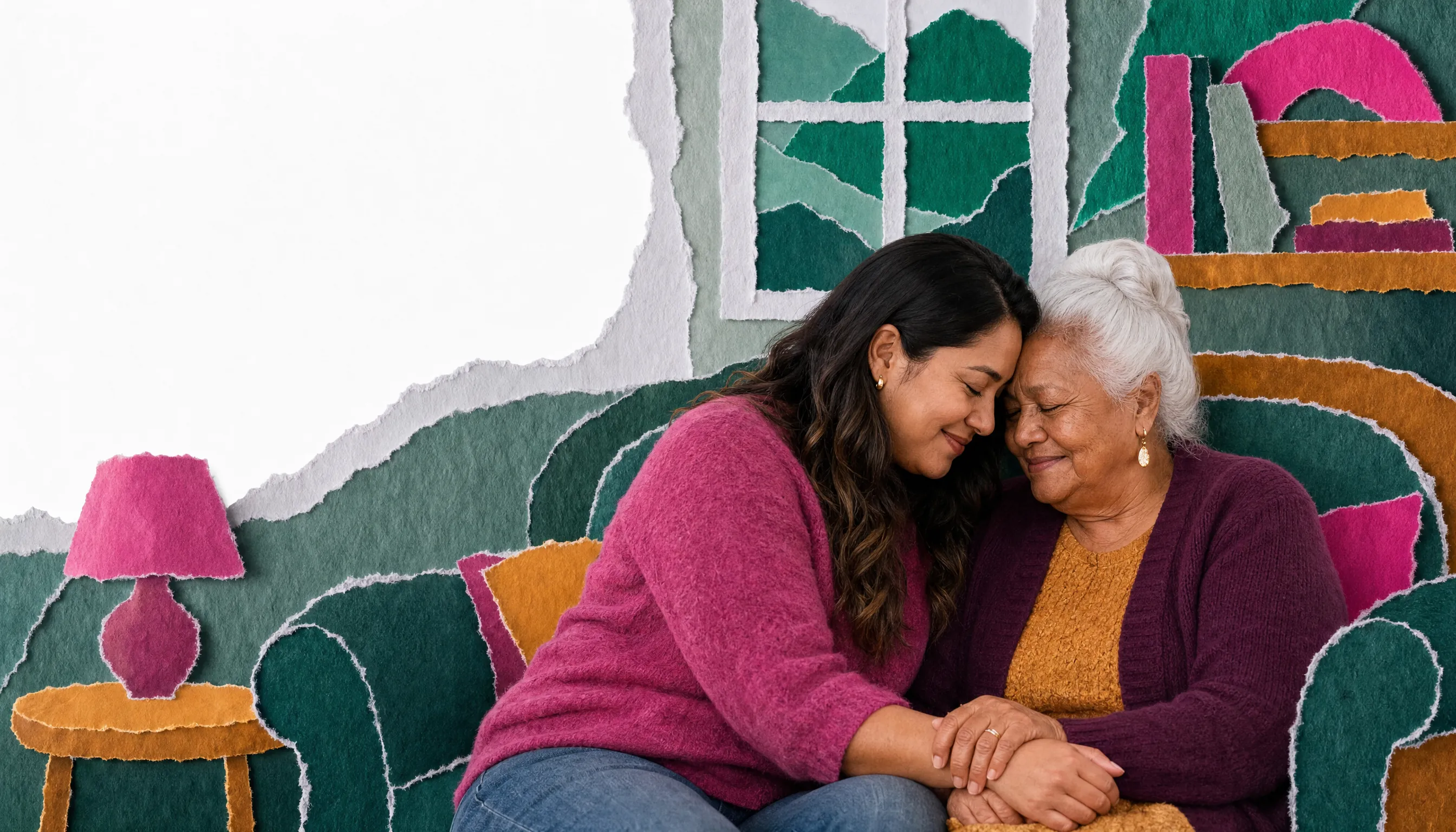 A torn-paper collage of a living room: a younger woman and an older woman sitting together on a sofa, heads touching, their hands held in the older woman's lap.